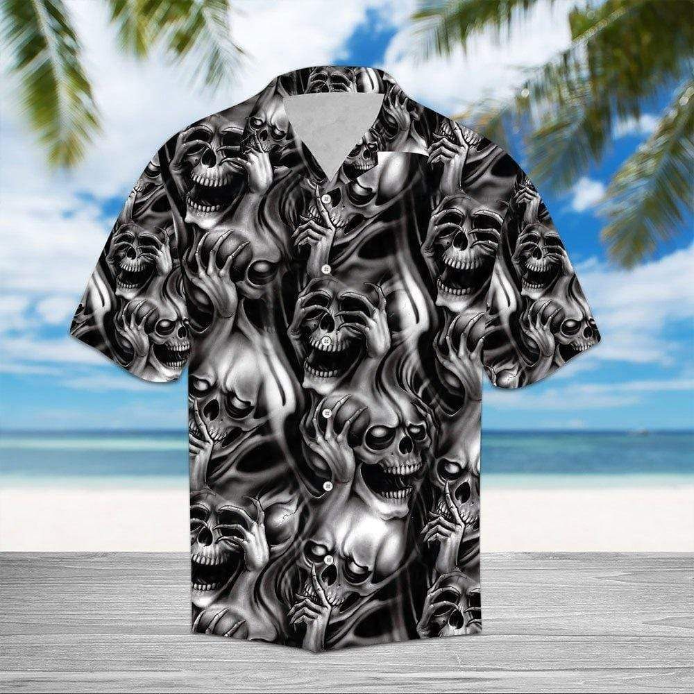 Felacia [Hawaii Shirt] Smoking Skull Black White Hawaiian Aloha Shirts-ZX1853